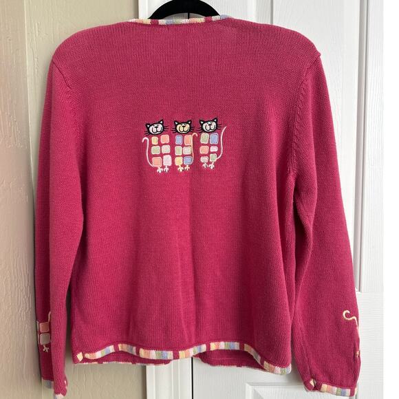 Vintage Christopher Banks Cardigan Sweater Womens L Pink Novelty Cat Print Zip - Picture 4 of 9